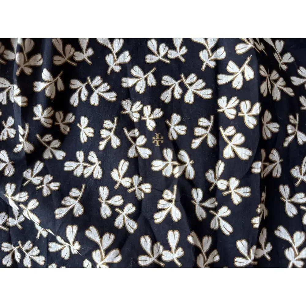 Tory Burch Smocked Midi Dress in Black Little Leaves Size Large